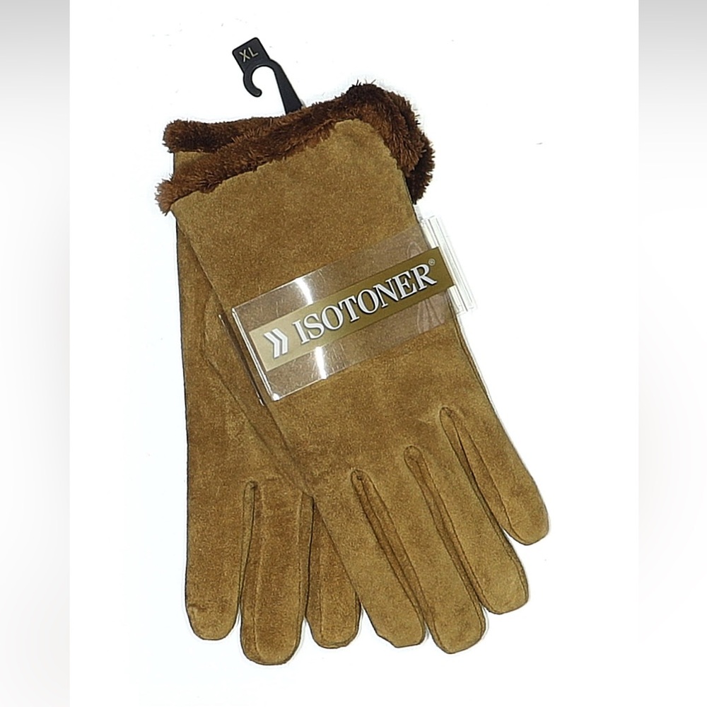 Isotoner Tan Suede Gloves with Faux Fur Trim